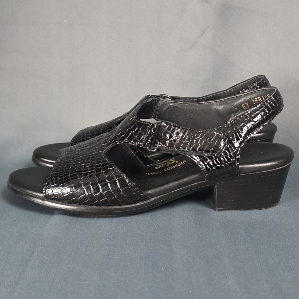 SAS Suntimer Sandals Black Leather Croc Embossed‎ Tripad Comfort Women's 9M